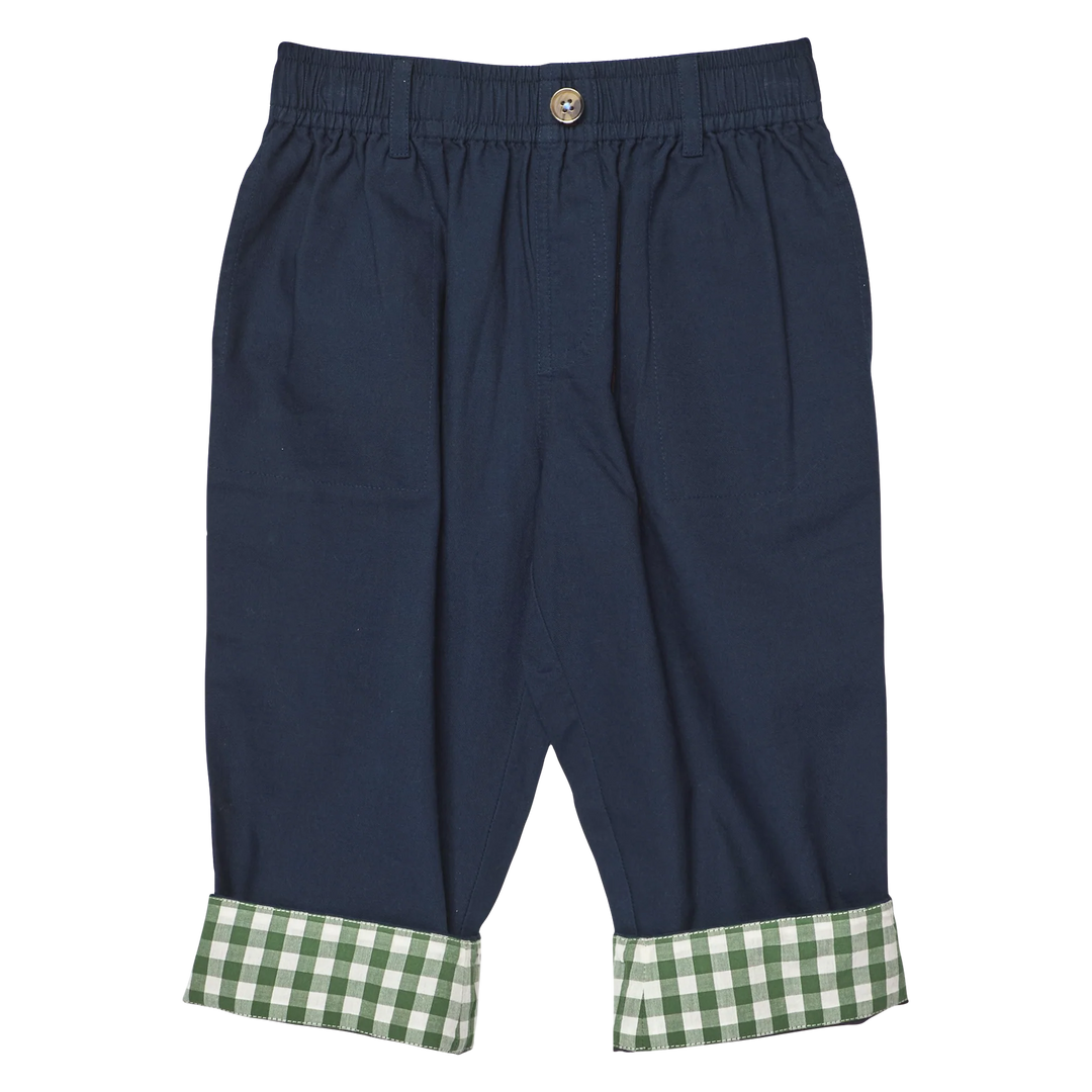 Navy blue  pants with an elastic waistband and a green and white gingham check cuff, shown flat on a white background.