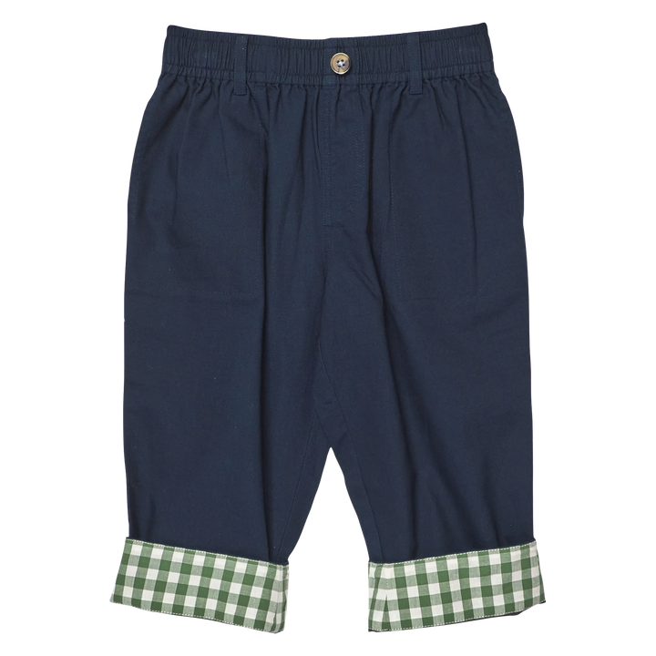 Navy blue  pants with an elastic waistband and a green and white gingham check cuff, shown flat on a white background.