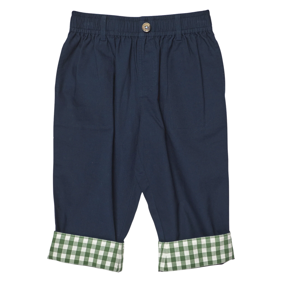 Navy blue  pants with an elastic waistband and a green and white gingham check cuff, shown flat on a white background.