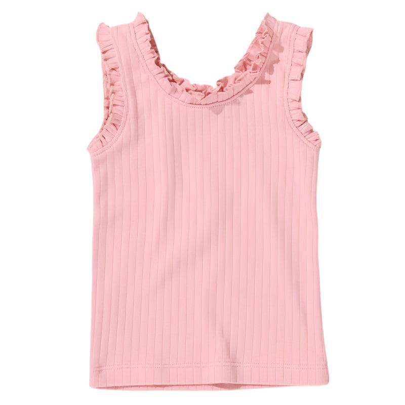 ribbed pink tank top with ruffled edges around the neck and sleeves. 
