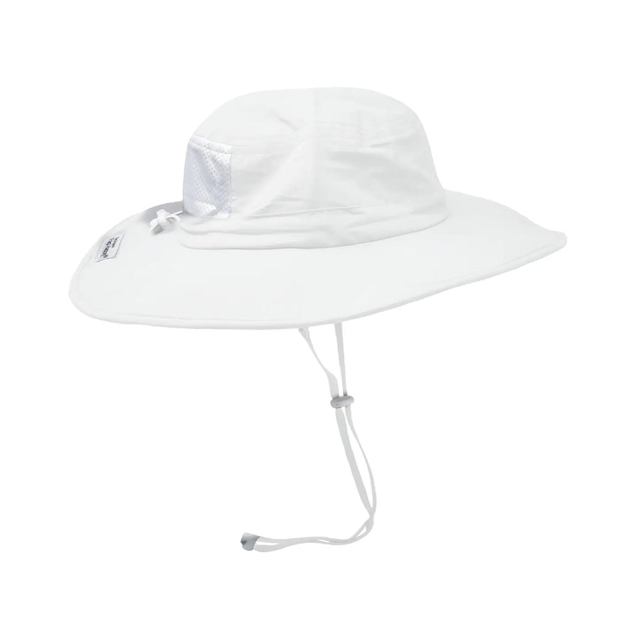 White wide-brimmed hat with a chin strap on a white background