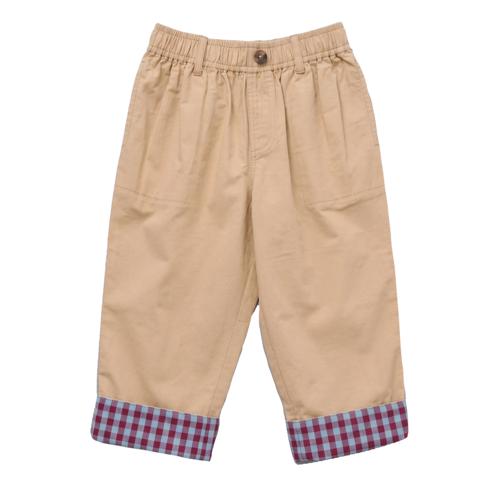 A pair of beige cropped pants with an elastic waistband, side pockets, and a red and blue gingham checkered cuff lining, shown against a plain white background.