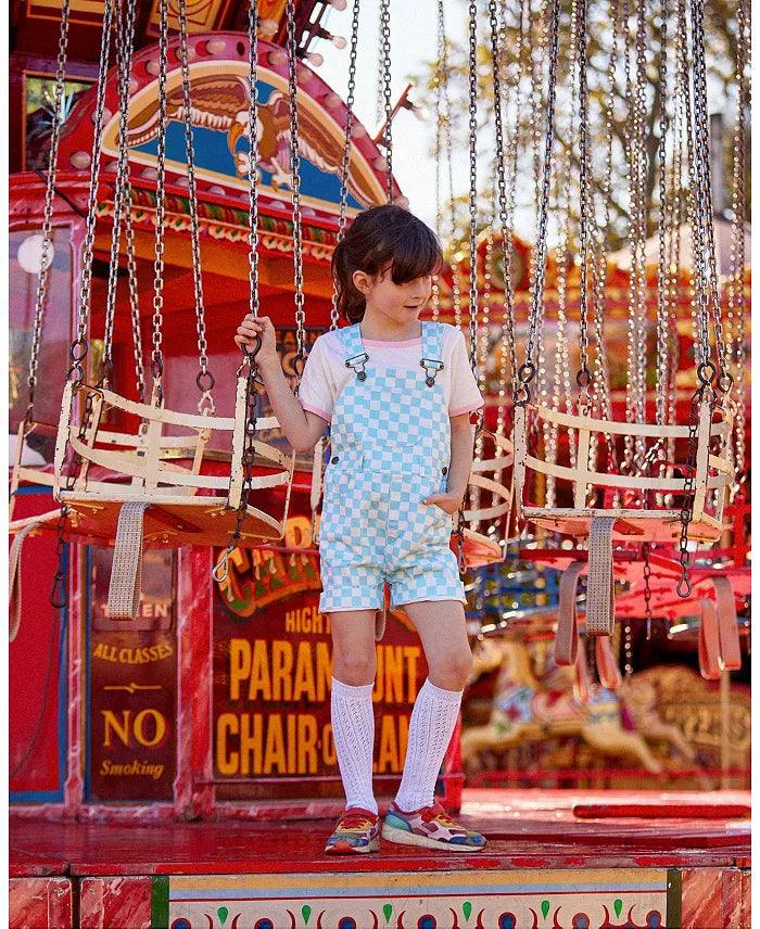 Kids Overalls | Checkerboard Shorts- Blue | Dotty Dungarees - The Ridge Kids