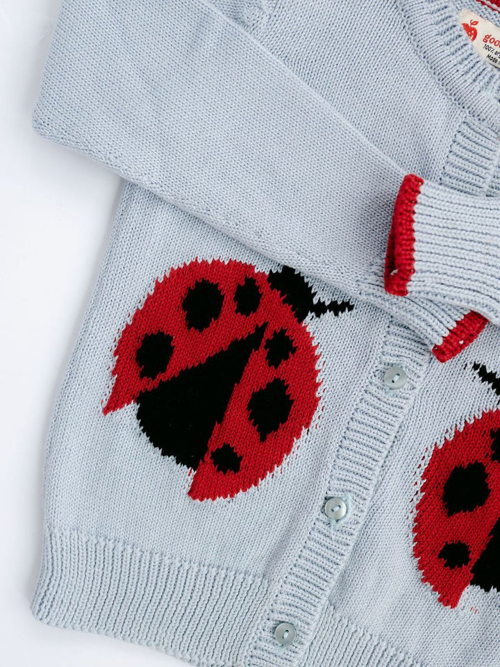 A close-up of a light gray knit cardigan featuring knitted ladybug motifs in red and black, with a matching folded sleeve and silver buttons.