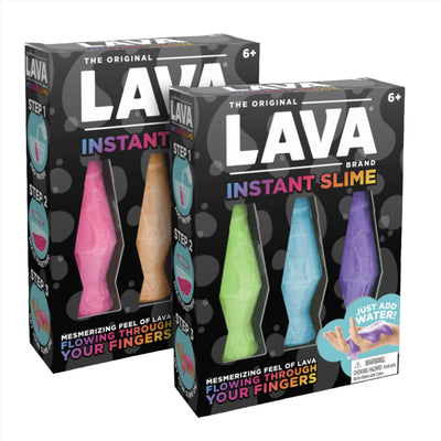 lava slime sets: one slime package comes in blue, green and purple and the other comes in pink, orange and yellow.