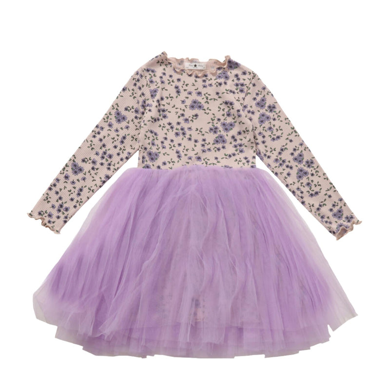 Long sleeve girls dress with lavender flowers and large lavender tulle skirt.