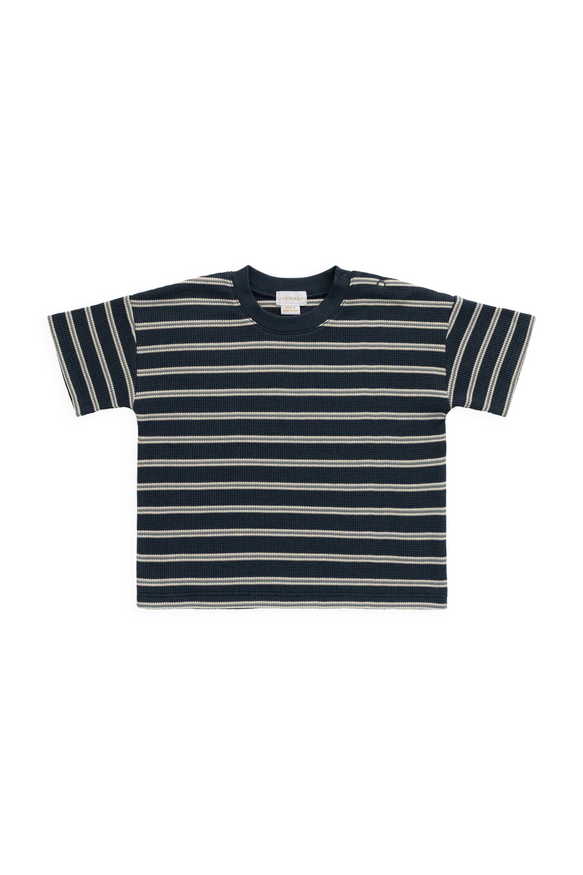 A short-sleeve crewneck striped t-shirt with navy blue, gray, and white horizontal stripes, laid flat against a white background.