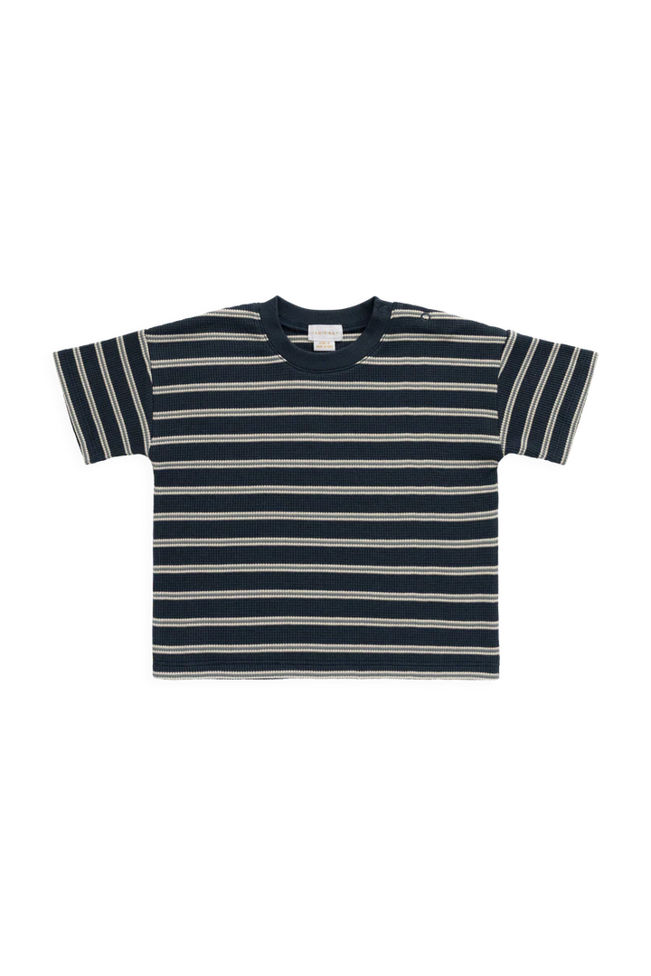 A short-sleeve crewneck striped t-shirt with navy blue, gray, and white horizontal stripes, laid flat against a white background.