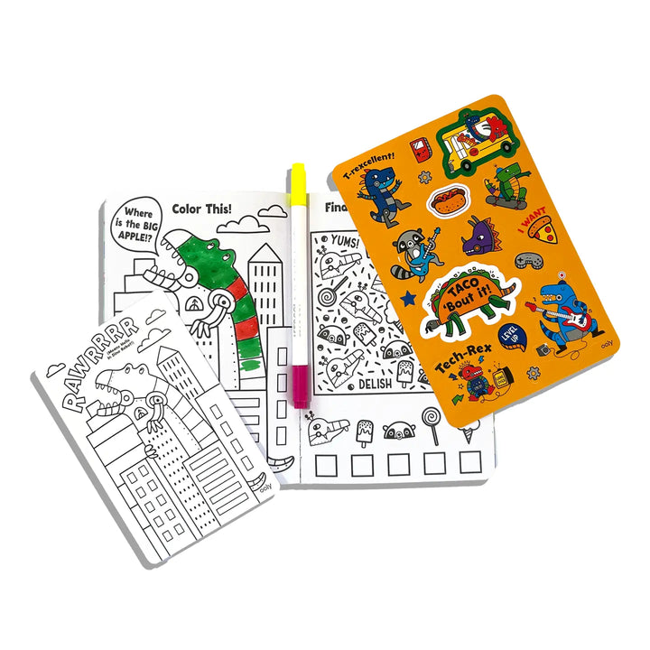 coloring book, markers and stickers in kitty in the city theme