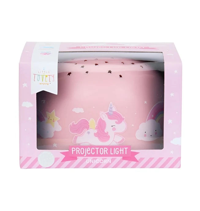 Unicorn Projector light with little star cut outs at the top where the light comes out. PInk base color, with unicorns and rainbows and clouds. This picture shows the retail packaging