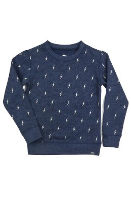 boys navy crewneck sweatshirt with soft white lightning bolts all over