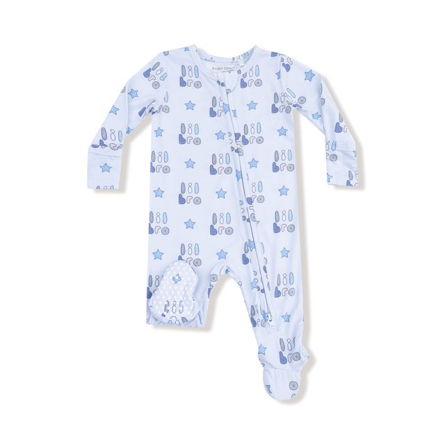 Baby onesie with blue pattern that says 'lil bro' and white pattern on a white background