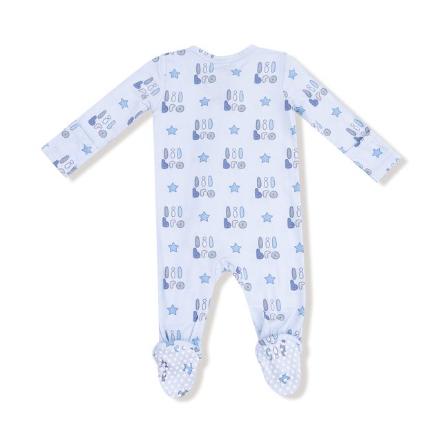 Baby onesie with blue and white pattern that says 'lil bro' on it 