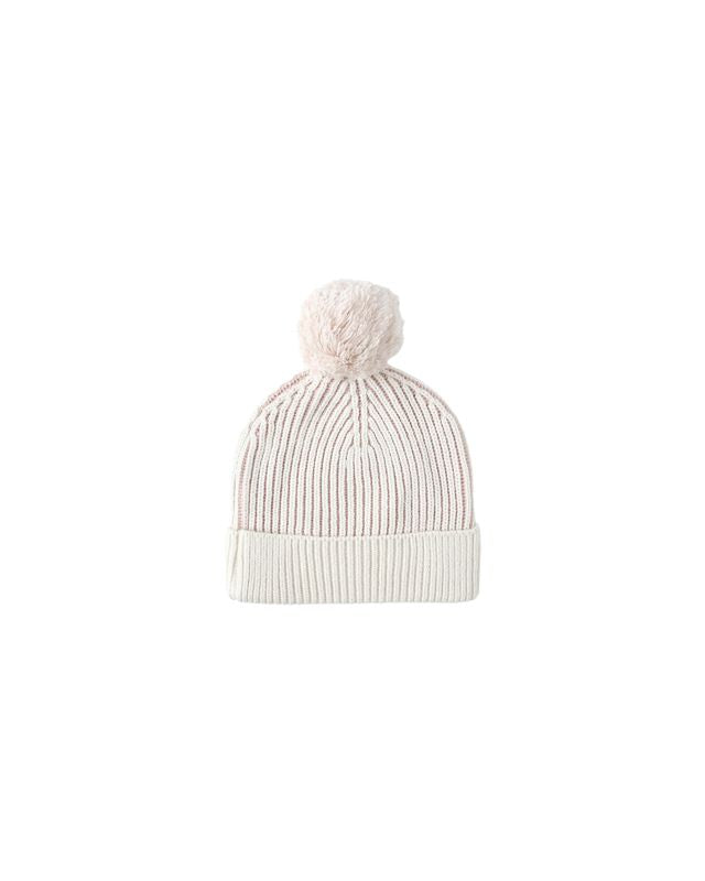White knit beanie with lilac contrast stripes a pom-pom on a white background
