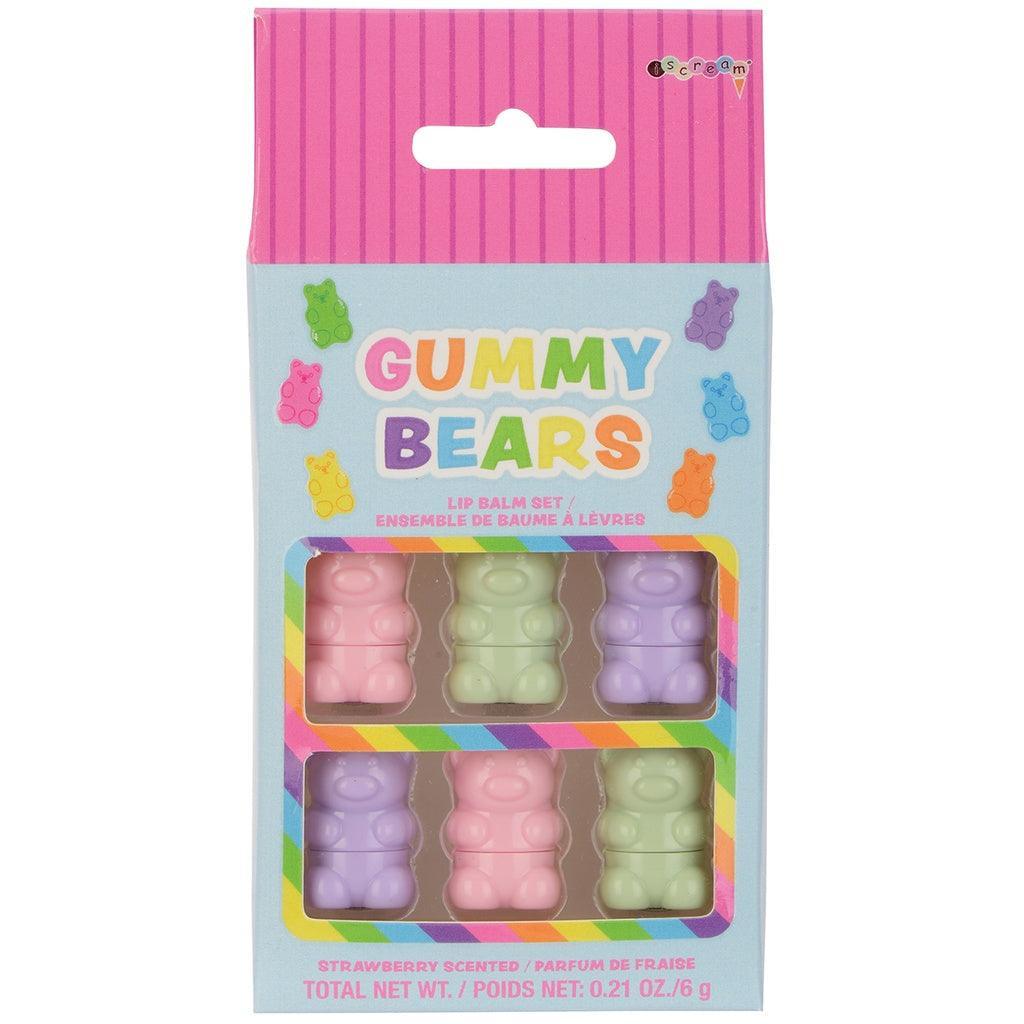 lip balm in gummy bear shaped holders.  each gummy bear is small and is pink, green or purple