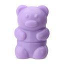 this picture shows a small purple gummy bear lip balm. the top of the bear screws off to reveal the lip balm