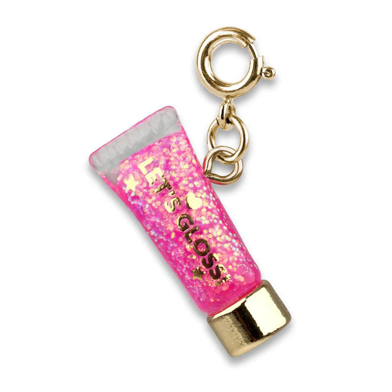 lip gloss charm, pink glitter tube attached to a gold clasp