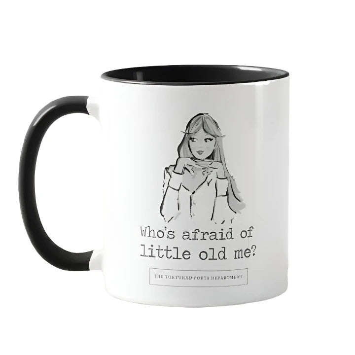 15 ounce coffee mug with a drawing of Taylor Swift posing with her hands under her chin and the text saying: Who&