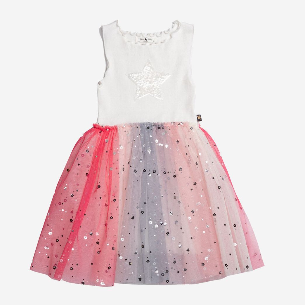 Children's dress with white top and rainbow tulle skirt on a white background