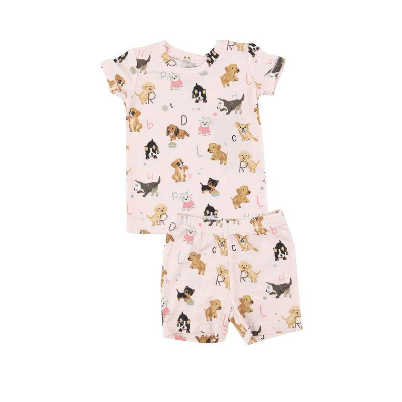 Loungewear | 2 Piece Shorts Set: Puppy Alphabet - Pink | Angel Dear - The Ridge Kids