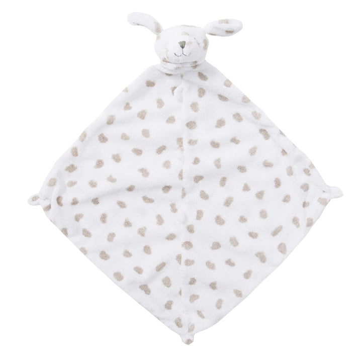 White dog with spots attached to a baby comfort blanket with brown dots and bunny ears on a white background