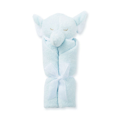 Blue elephant baby soother, small blanket attached to an elephant head for baby cuddling 