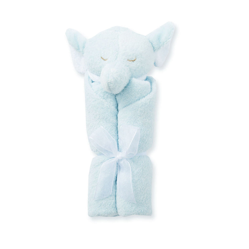 Blue elephant baby soother, small blanket attached to an elephant head for baby cuddling 