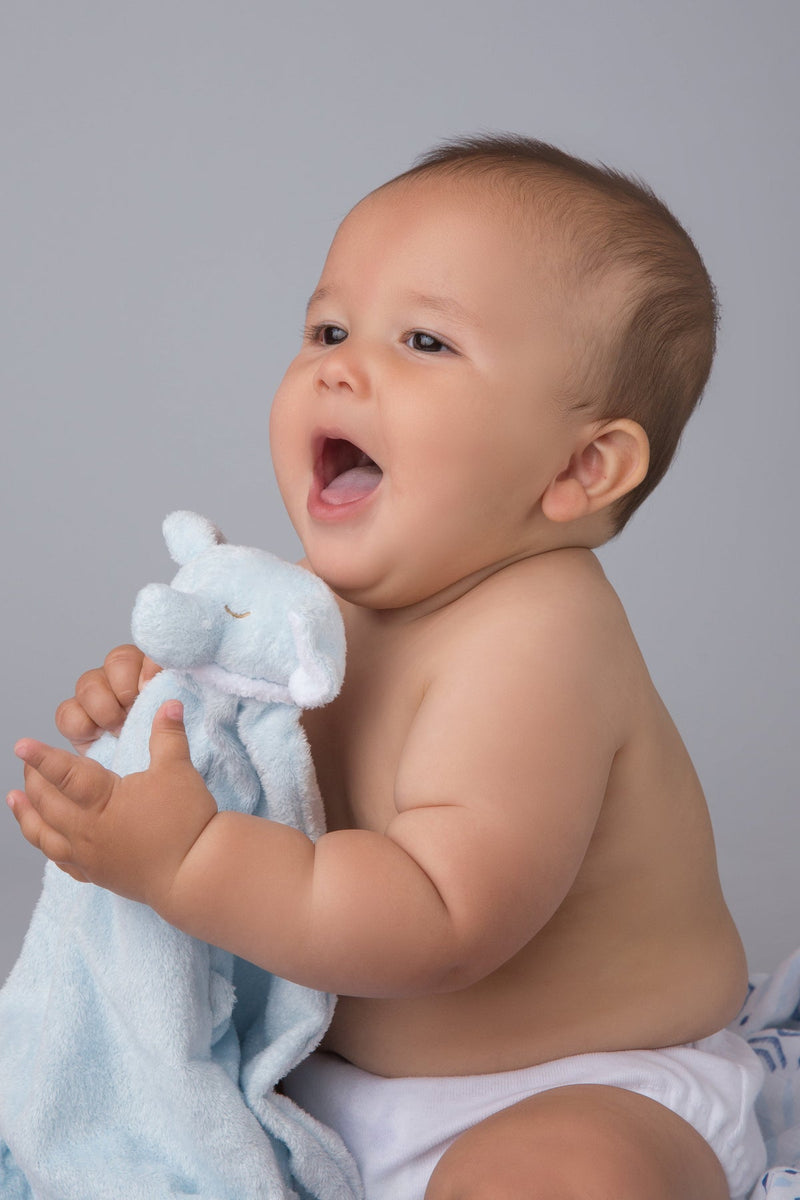 baby hugging small blue elephant baby blanket 