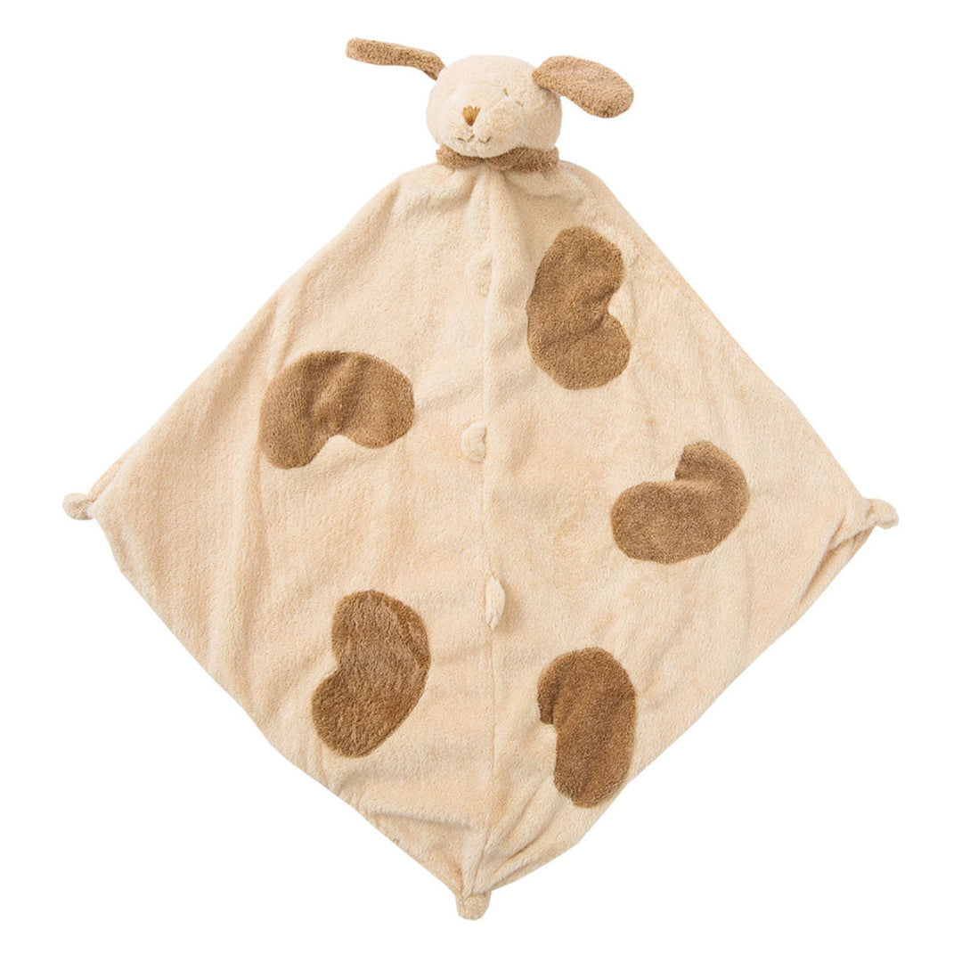 Beige plush puppy blanket with brown spots and a dog face on a white background
