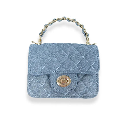 Blue quilted handbag with a gold clasp on a white background