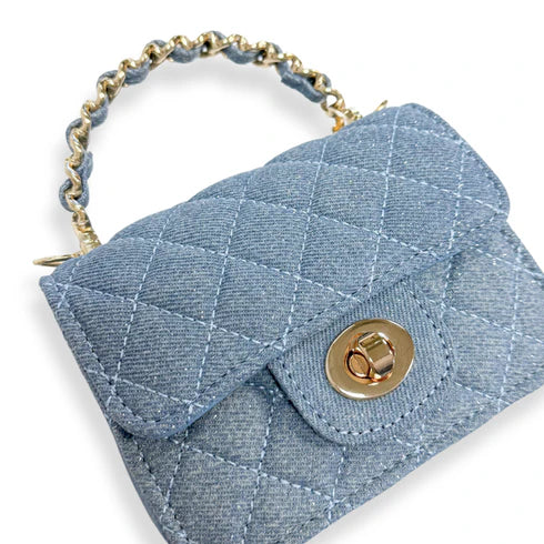 Blue quilted handbag with a gold chain handle on a white background