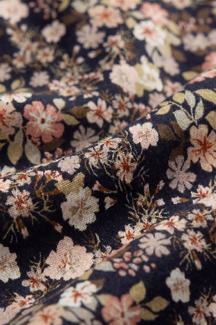 Close-up of floral fabric with a navy background