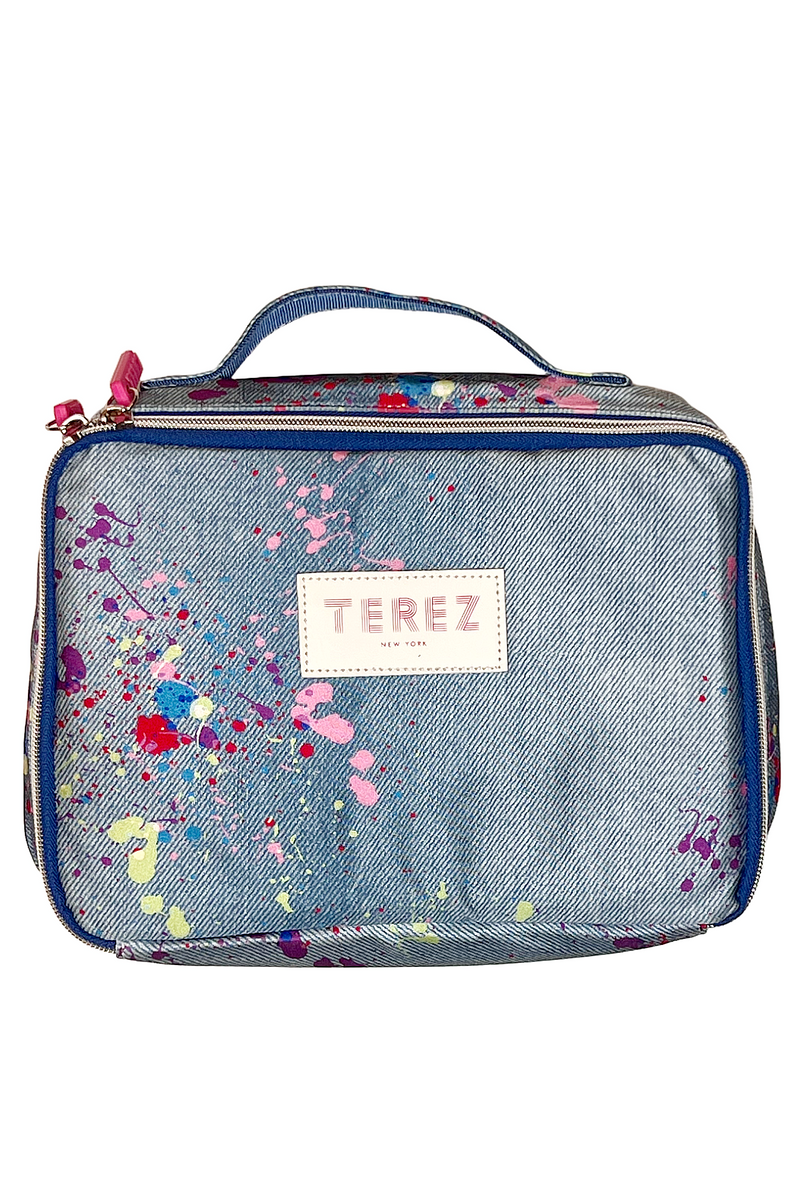 scuba material lunch bag, zipper around 3 sides for easy access. Denim color/look with splatter paint all over the bag. Colors of the paint are pink, red, purple and green. 