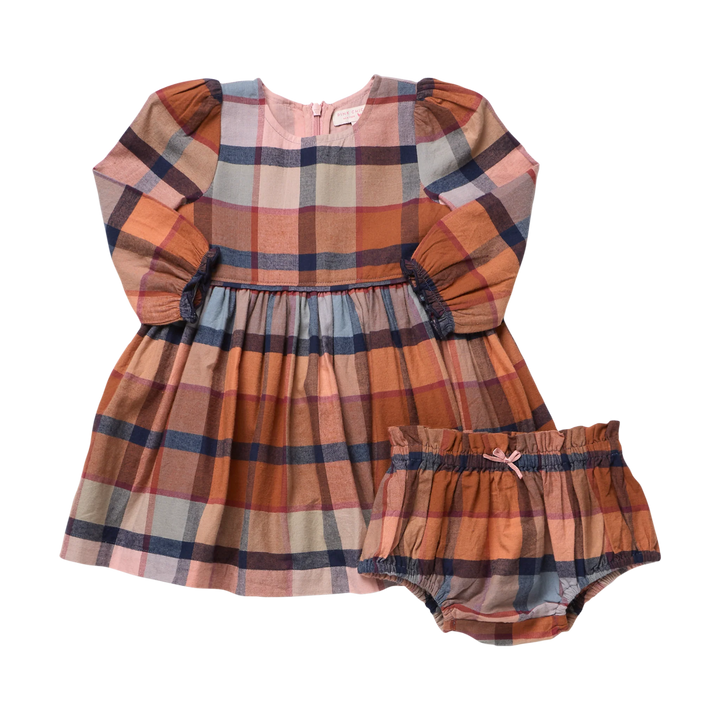 front of the mae dress in rust plaid with the matching bloomer. 