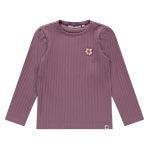 purple ribbed long sleeve top with small flower on the chest. 