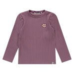 purple ribbed long sleeve top with small flower on the chest. 