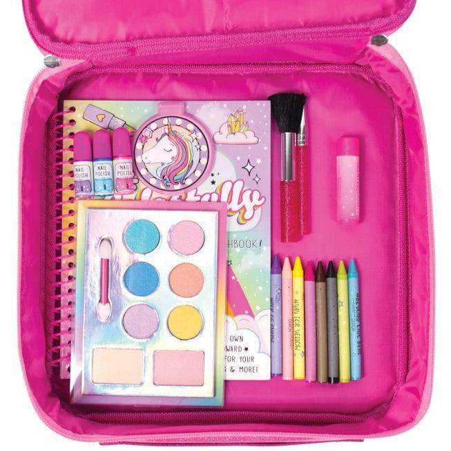 this picture shows how the contents of the zipper pouch looks, the make up supplies looks like make up but is art supplies. 