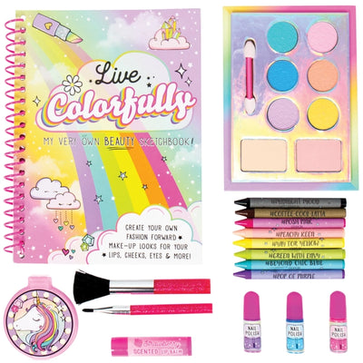 close up of the art supplies that comes in the kit, crayons, and pretend blush and eye shadow that can be used to color in on the pages. all to look like make up