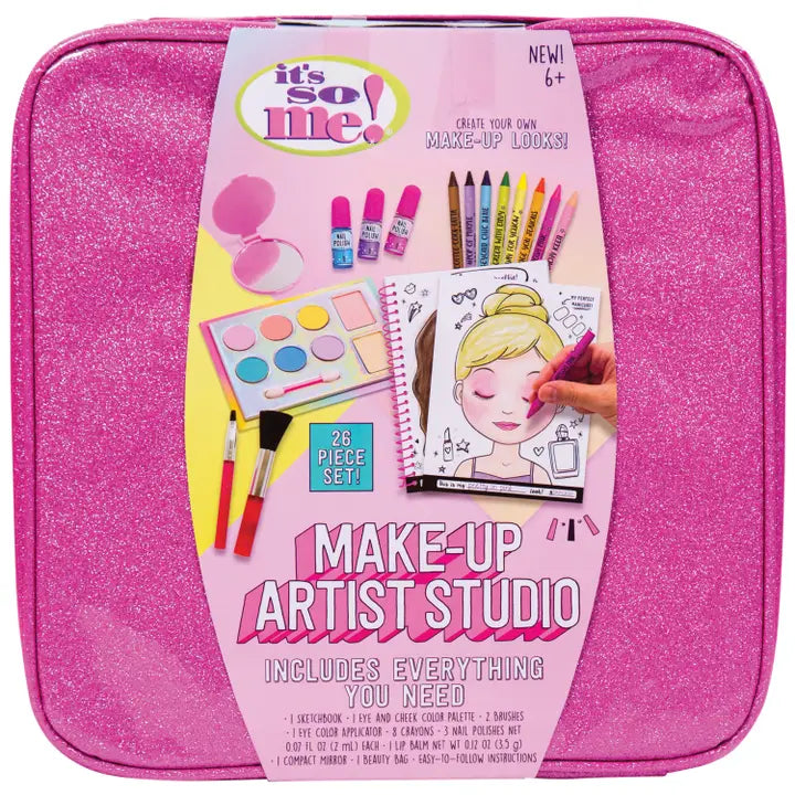 Art kit that comes in a pink sparkly pouch,. This kit shows pictures of the girls faces and being able to color like you were putting make up on them. 