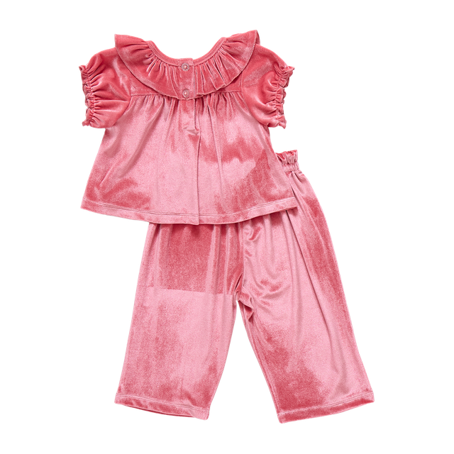 back of Pink velvet velour top and pants set on a white background