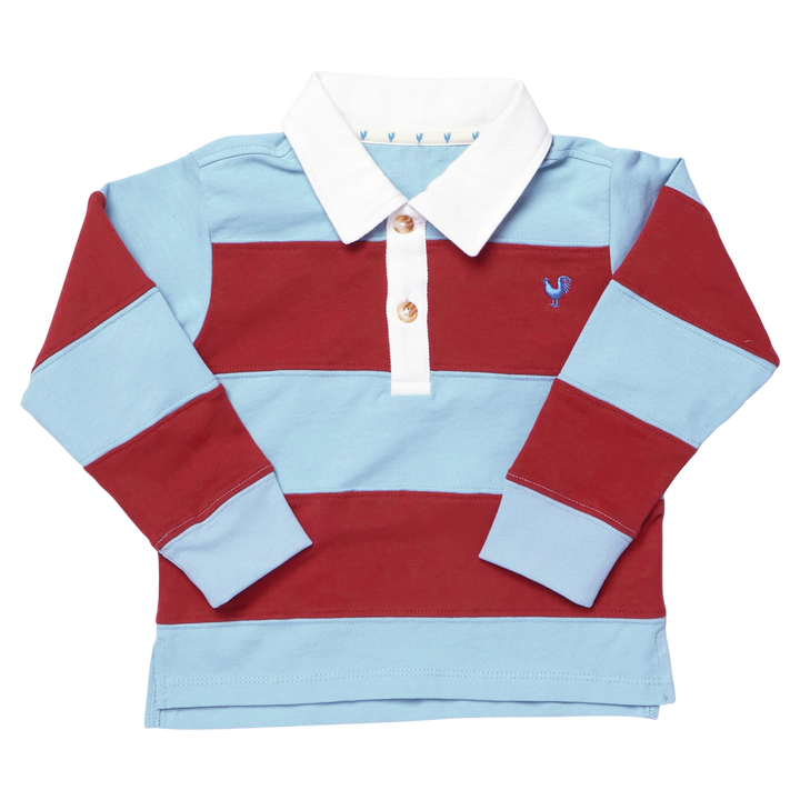 A long-sleeve rugby shirt for kids, featuring horizontal stripes of light blue and dark red, with a white collar and a three-button placket. A small blue embroidered rooster logo is visible on the left chest.
