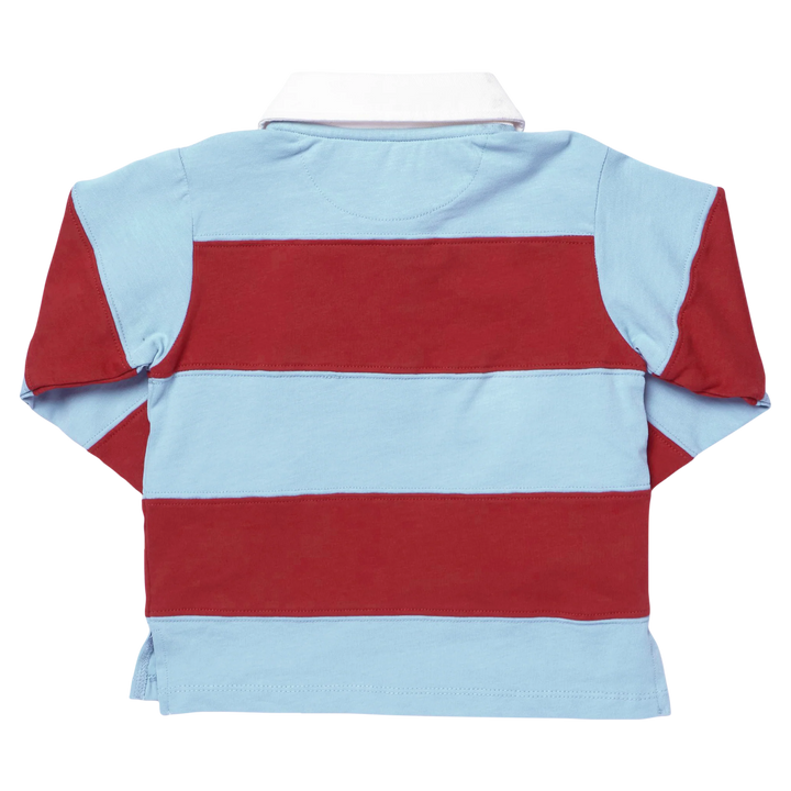 A short-sleeve polo shirt shown from the back, featuring horizontal stripes of light blue and dark red, with solid light blue sleeves and collar.