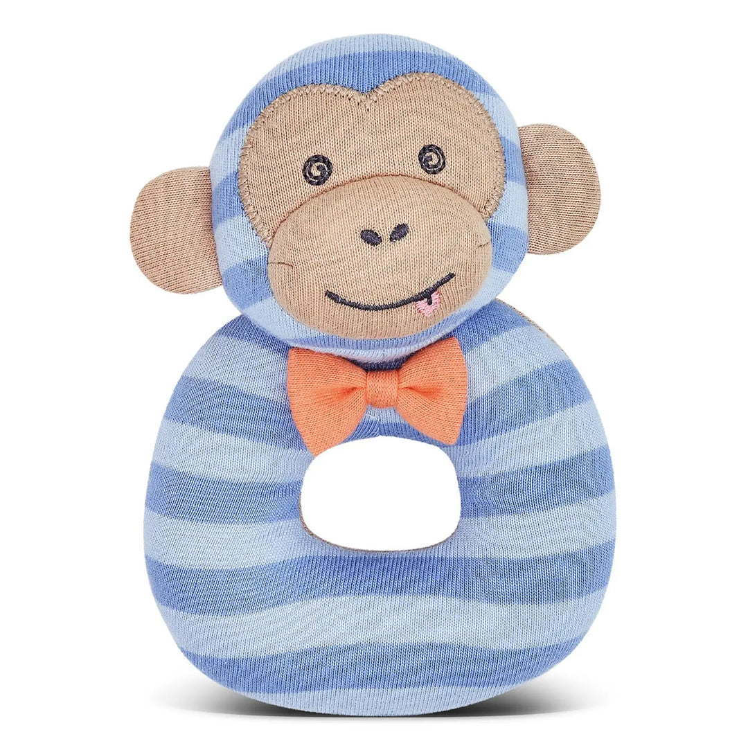 monkey rattle in blue striped fabric with orange bowtie