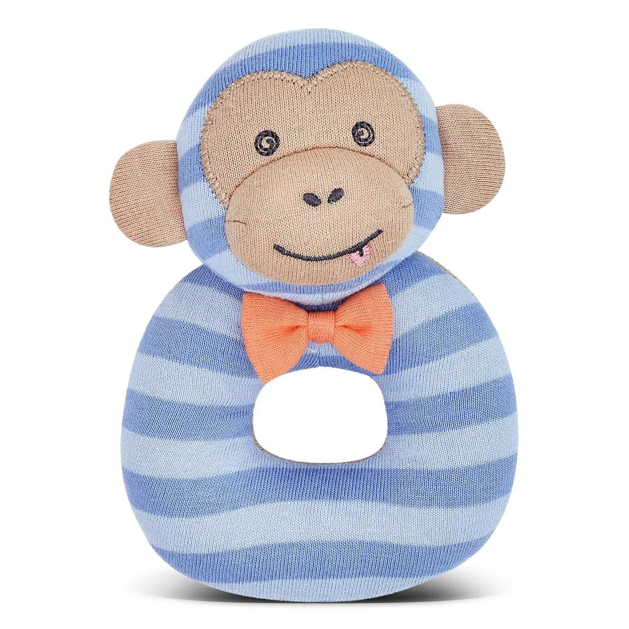 monkey rattle in blue striped fabric with orange bowtie
