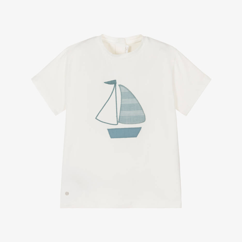 White t-shirt with a blue sailboat design on a white background
