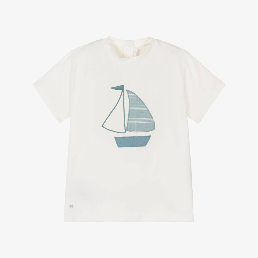 White t-shirt with a blue sailboat design on a white background