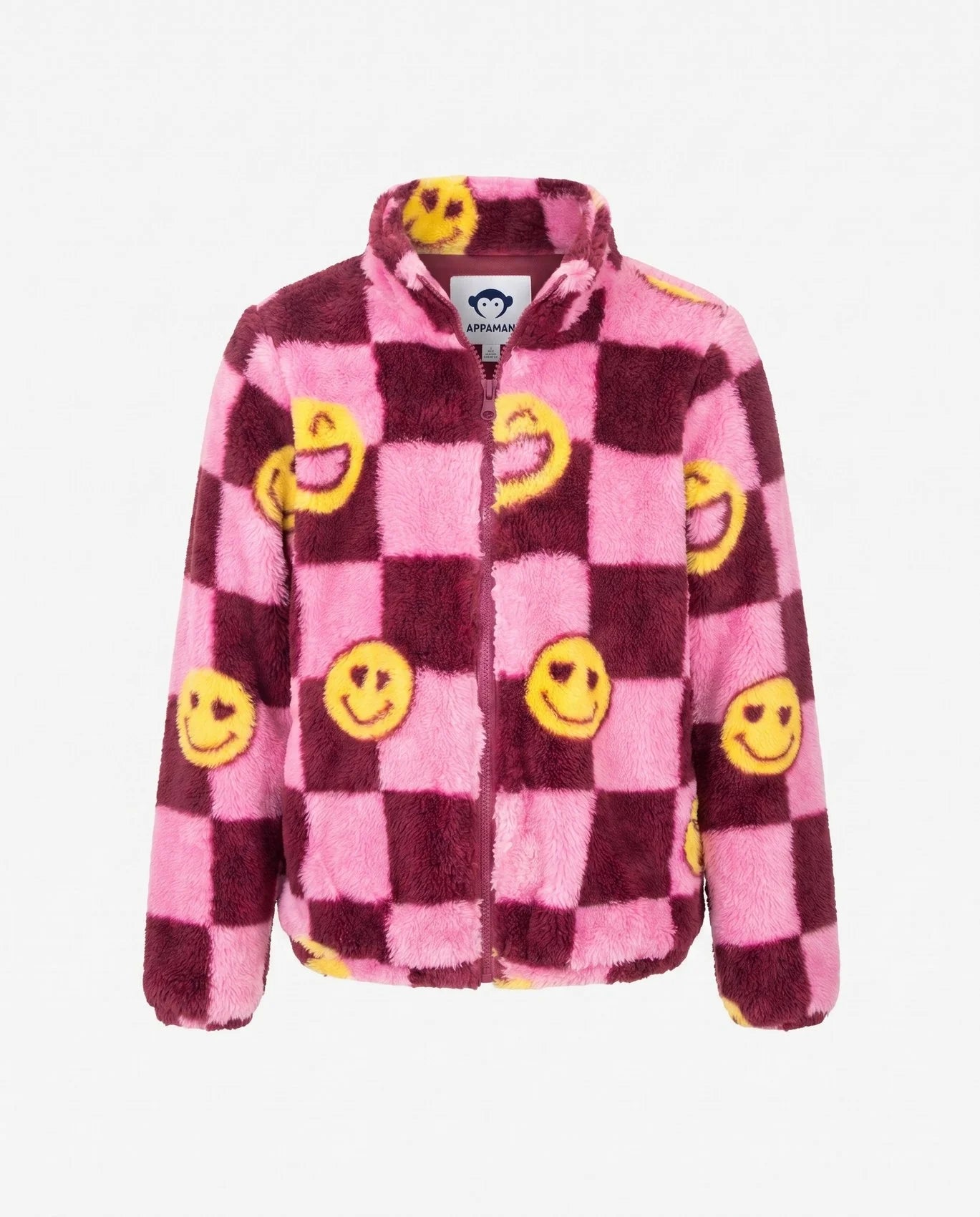 girls checkered sherpa pink and burgundy with smiley faces. 