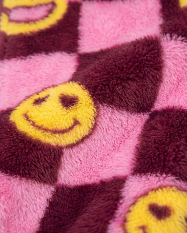 pink and burgundy checkered sherpa with smiley faces on it. 
