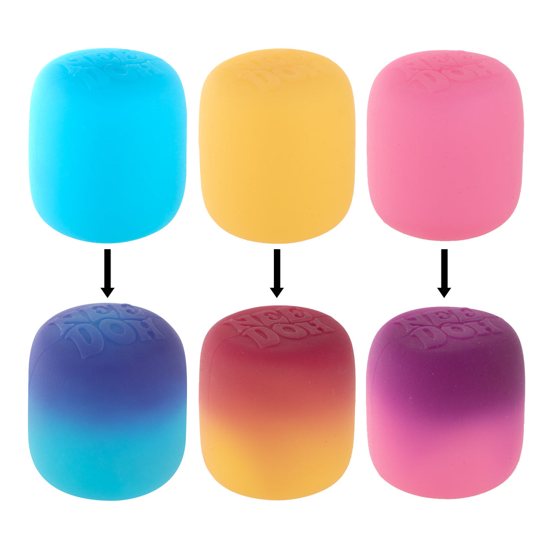 Three silicone squishy toys in different colorways are displayed on a white background. The top row shows the solid-colored tops (cyan, yellow, and pink), and the bottom row shows the gradient bottoms transitioning to blue, orange, and purple respectively.