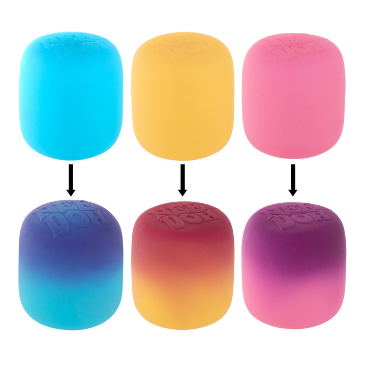 Three silicone squishy toys in different colorways are displayed on a white background. The top row shows the solid-colored tops (cyan, yellow, and pink), and the bottom row shows the gradient bottoms transitioning to blue, orange, and purple respectively.